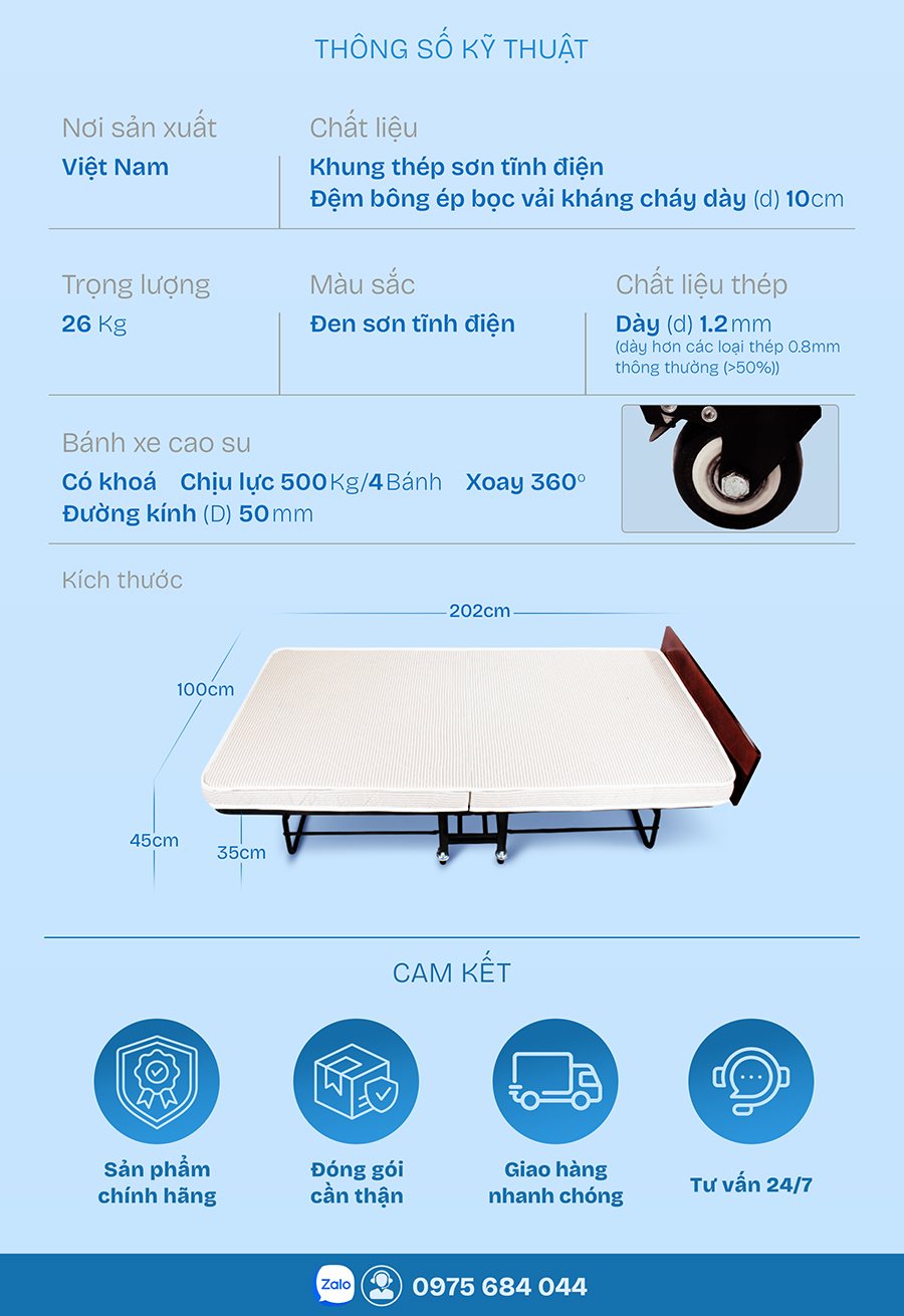 Giường Extra Bed Gấp Gọn Khách Sạn CHU MY – Thép Dày, Bền Bỉ
