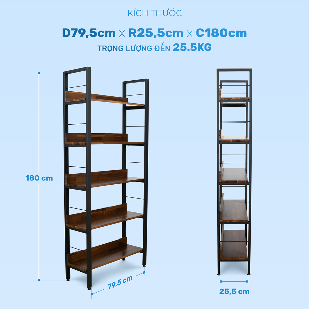 Kệ trang trí 5 tầng khung thép gỗ tràm
