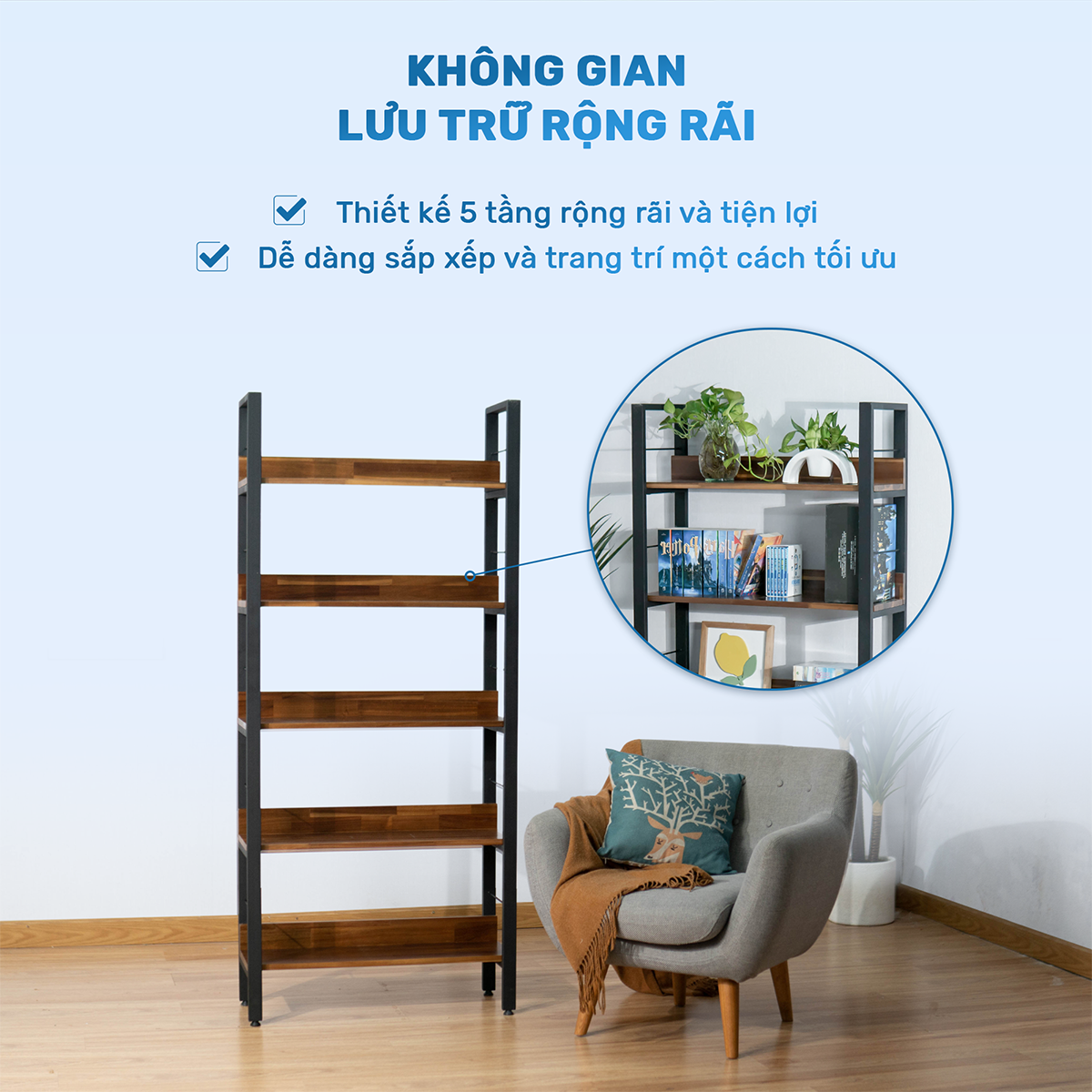 Kệ trang trí 5 tầng khung thép gỗ tràm