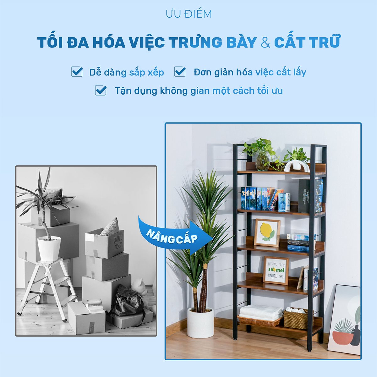 Kệ trang trí 5 tầng khung thép gỗ tràm