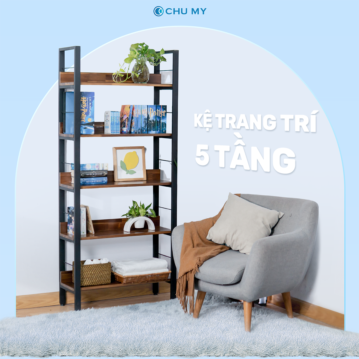 Kệ trang trí 5 tầng khung thép gỗ tràm